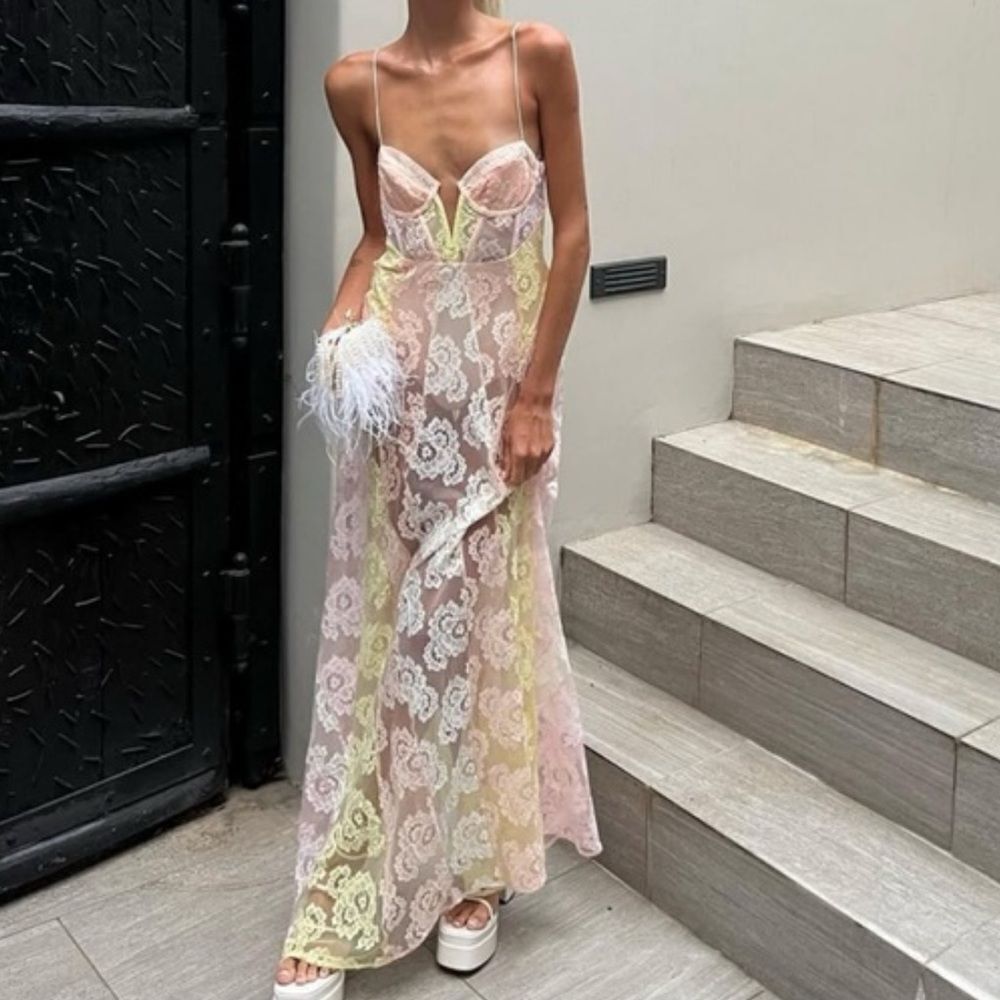 For Love & Lemons Blossom Maxi Dress In Pink Yellow Floral Lace Xs New Msrp $368